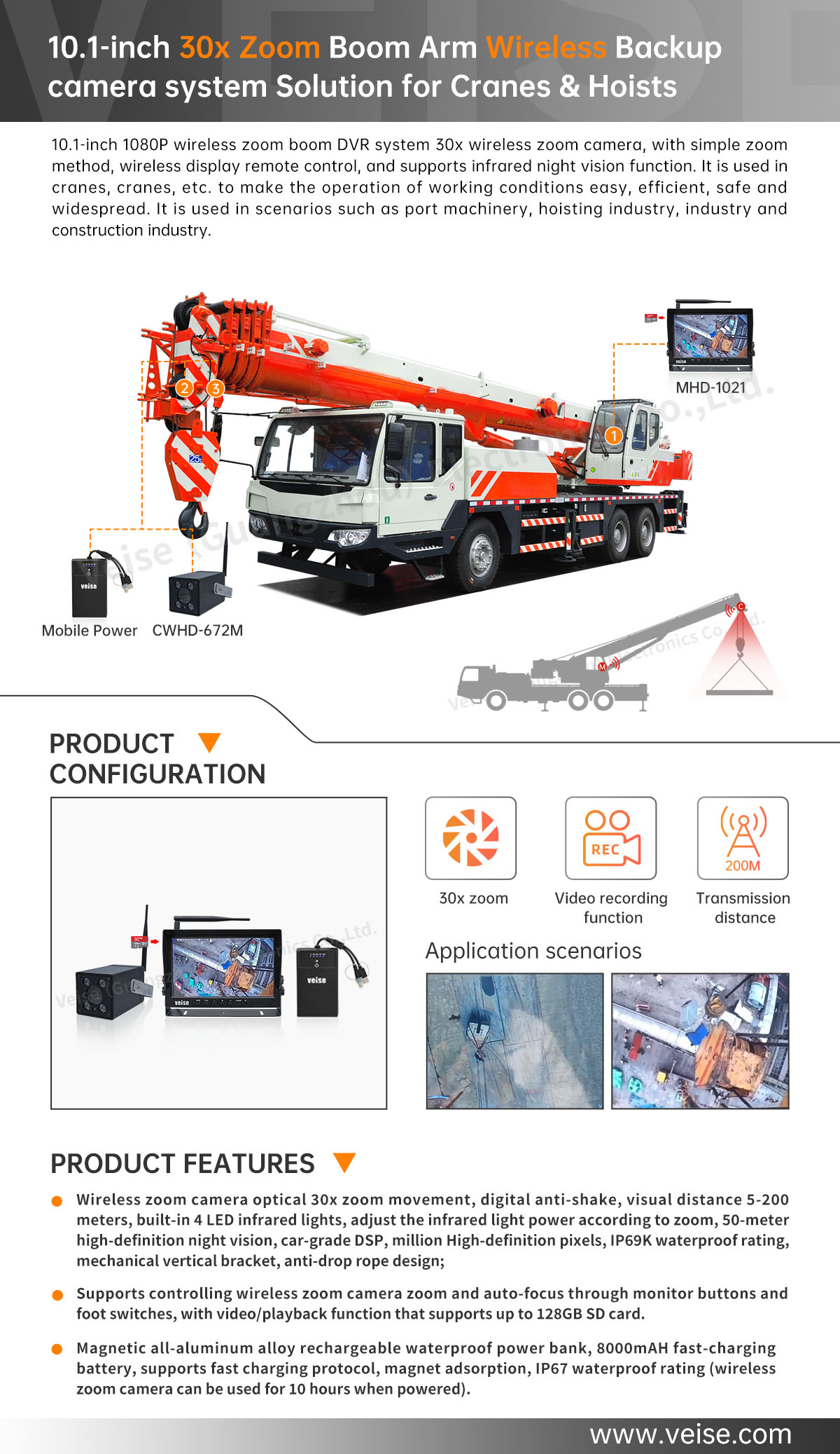 10.1-inch 30x Zoom Boom Arm Wireless Backup camera system Solution for Cranes & Hoists